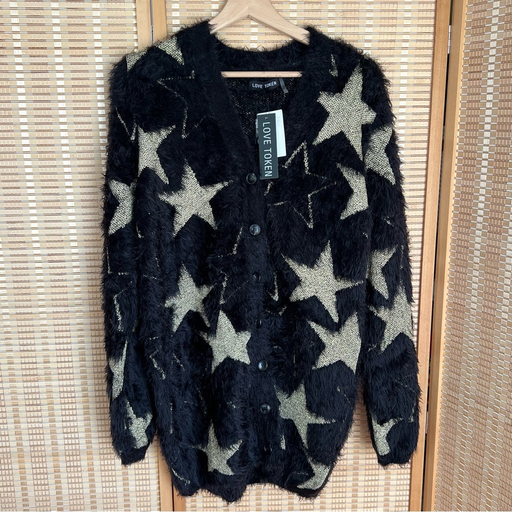 NWT Love Token Black Cardigan with Gold Stars M